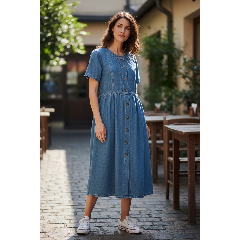 Studio Wear Petite Blue Denim Button Front Midi Dress Short Sleeve Cotton Sz 10